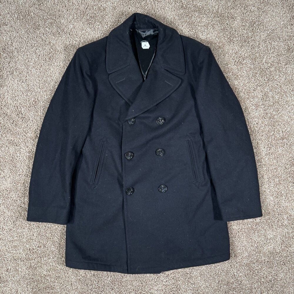 Vintage 90s US Navy Overcoat Mens 44L Black Wool Double Breasted